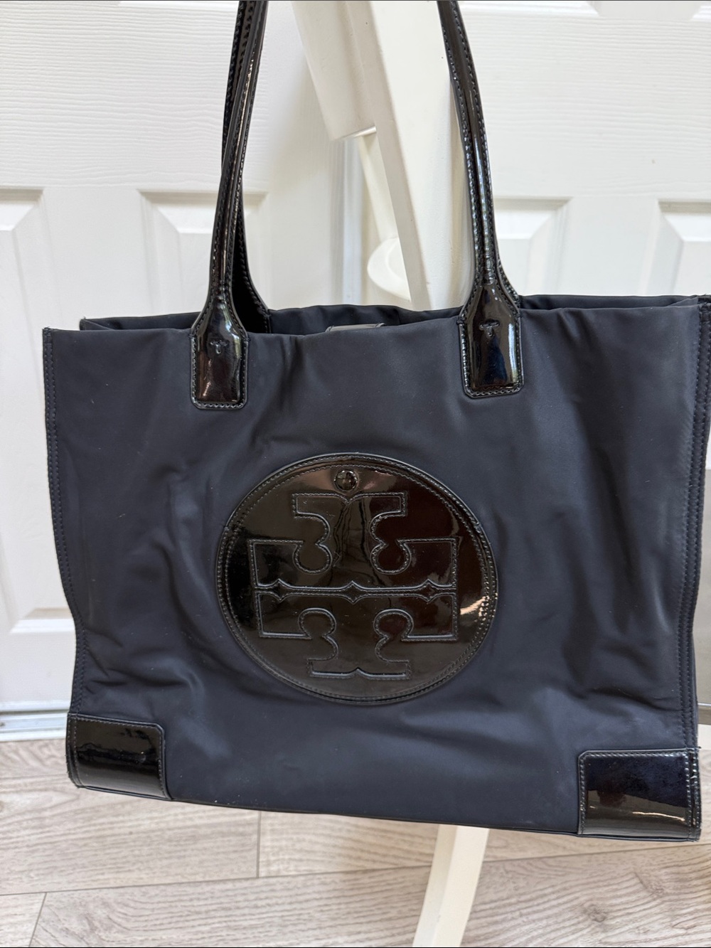 Tory Burch Black Nylon Tote with Patent Logo